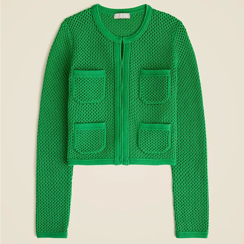 J.Crew Kelly green open pointelle stitch cardigan sweater crochet knit top